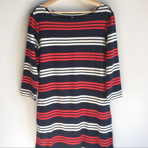 Uniqlo Dresses & Skirts - Uniqlo Navy Blue Striped 3/4 Sleeve Midi Dress
